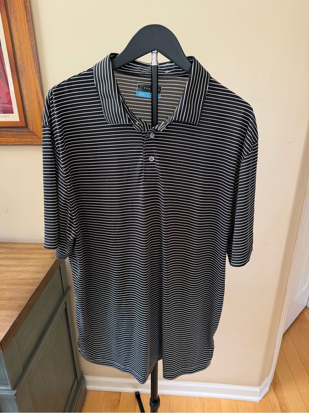 PGA Tour Black White Striped Golf Polo Shirt Mens XL